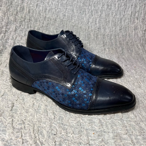 Tallia Men’s 10 Navy Leather Blue Floral Cap Toe Oxford Bonito Dress Shoe Brogue - Picture 3 of 7